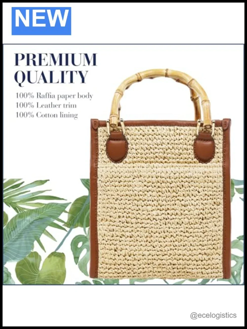 Raffia Tote Bag with Bamboo Handle, Leather Trim, Structured Summer Handbag
